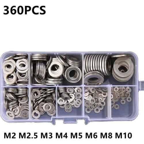 360pcs M2 M2.5 M3 M4 M5 M6 M8 M10 Stainless Steel Washer Plain Washer Kit Screw Fastener Hardware Assortment Accessories