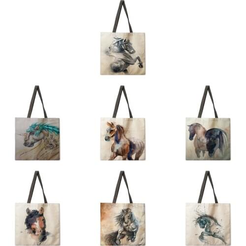 Oil painting horse leisure tote bag linen bag reusable shopping bag outdoor beach bag leisure tote bag
