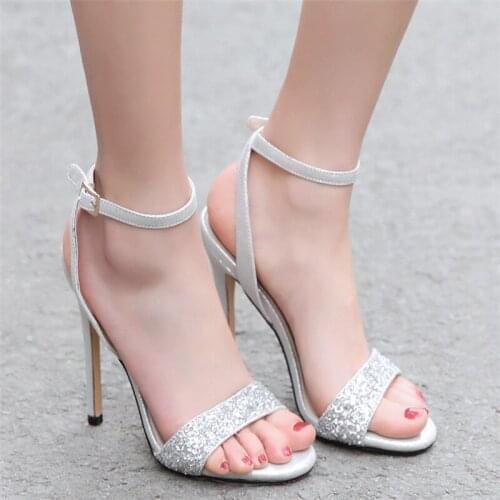 Women Sandals 2020 High Heels Sexy Summer Shoes Bling Thin High Heel Ladies Sandles Wedding Shoes Bridal Big Size 44 45 46