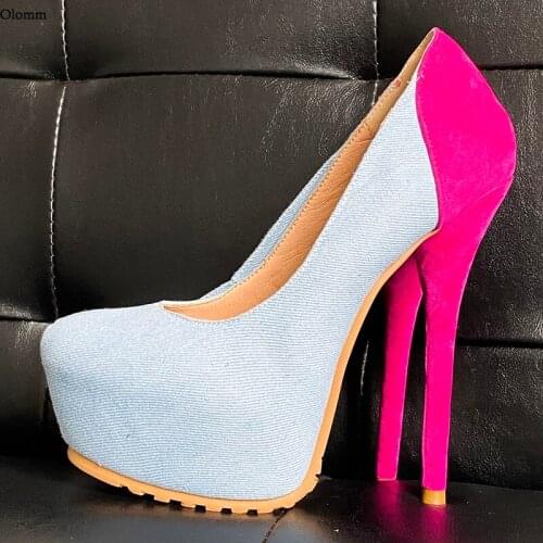 Olomm 2021 Handmade Women Pumps Denim Sexy 16Cm Stiletto Heels Pumps Round Toe 9 Colors Casual Shoes Women US Size 5-20