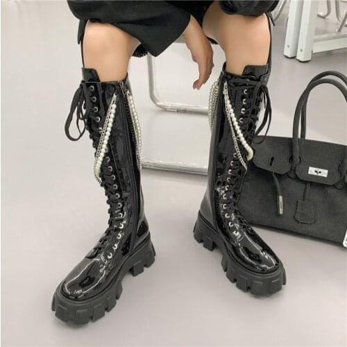 Knee High Knight Boots 2021 Winter Platform Martin Boots Pearl Chain Patent Leather Long Boot Zip Black Botines Mujer Shoes