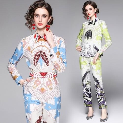 England Style Women Runway Luxury Design Print Long Sleeve Single-Breasted Shirt Blouse+ Pants Female 2 Piece Set Slim Outfits