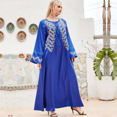 Dubai Kaftan Womens National Style Heavy Industry Embroidery Blue Elegant Temperament Long Skirt Muslim Ladies Satin Dress