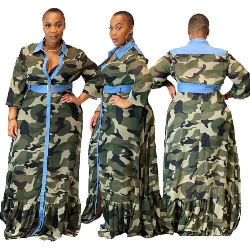 2021 Summer for Women Plus Size 5XL Camouflage Print Long Sleeved Floor Length Shirt Dress Sexy Fashioh Wholesale Dropshipping