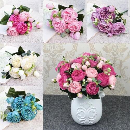 1 Bouquet 9 heads Artificial Peony Tea Rose Flowers Camellia Silk Fake Flower flores for DIY Home Garden Wedding Decoration