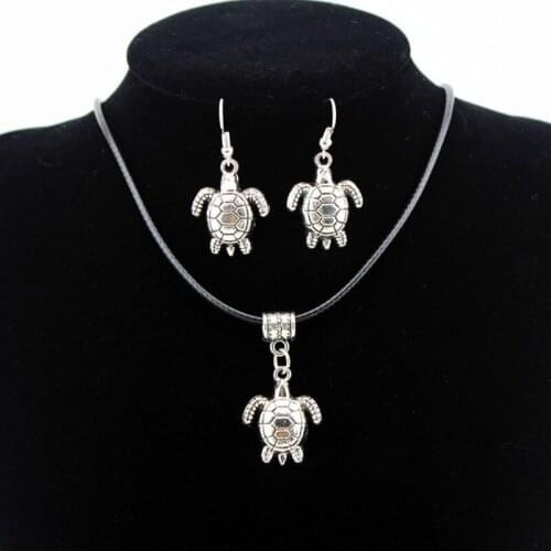 10 sets/lot Antique Silver Turtles Jewelry Set Women Animals Pendants Necklaces Earrings Statement Charm Leather Chain Choker