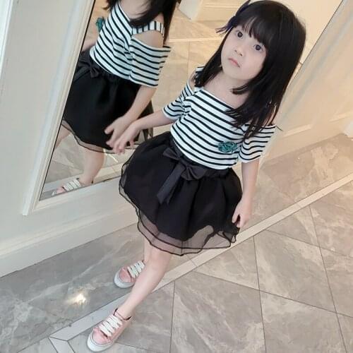 2017 Children Girl Summer Clothes Sets Fashion Cotton Striped Flower Shoulder T Shirts+Skirts 2pcs Kids Girls Princess Suits