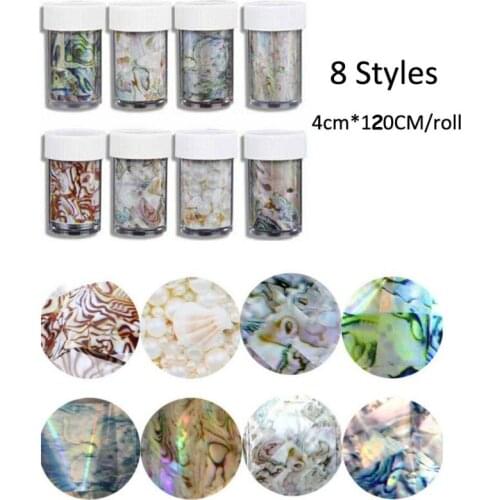 8Rolls Shell Pattern Nail Transfer Foil Stickers Wraps Starry Sky Transfer Decals In 8 Jars Multi-Image Polish Holographic Foils