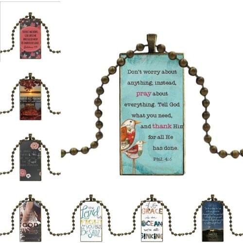 For Women Children Glass Pendant Necklace Handmade Half Pendant Rectangle Necklace Bible Quotes He Has Made Everything Beautiful