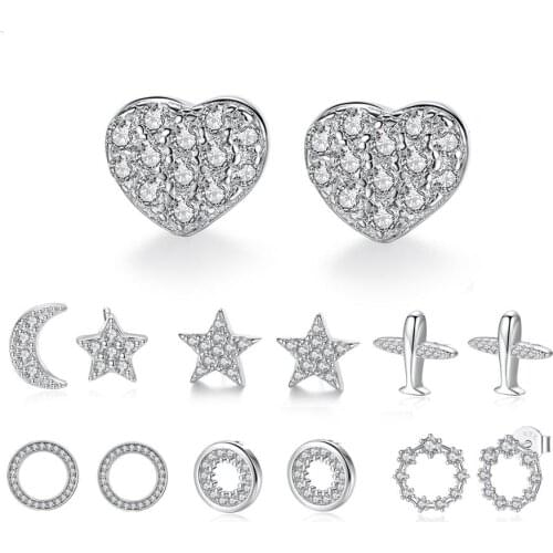 ELESHE 100% 925 Sterling Silver Earrings Jewelry Fashion Tiny CZ Pave Crystal Heart Stud Earrings Gift For Women Girls Kids Lady