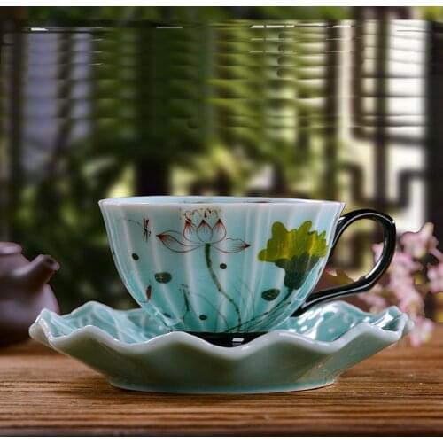 Exquisite classical hand-painted lotus ceramic teacup Elegant pastoral celadon coffee cup