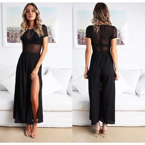 Jumpsuits Womens Clothing 2021 Combinaison Femme Split Casual Jumpsuit Sexy Mesh Hollow Out Stitching Playsuits Monos Mujer