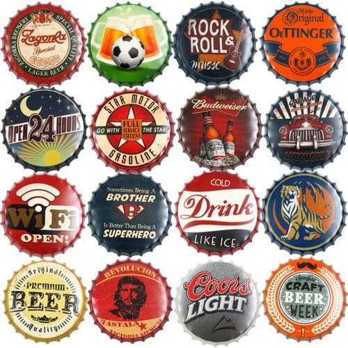 Bottle Cap Metal Tin Signs Poster Plates Beer Drink Football Cafe Retro Decoration Wall Art Plaque Vintage Home Decor 35x35cm