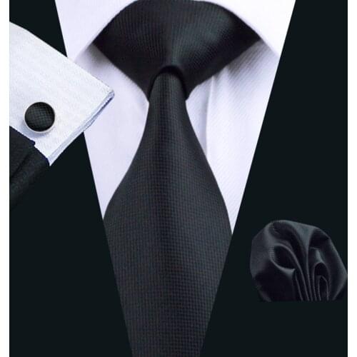 Black Solid Silk Mens tie Wedding Party Business Tie set FA-251