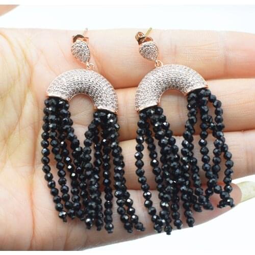 One pair black spinel round faceted 3mm zircon hook tassel pearls earrings FPPJ wholesale beads