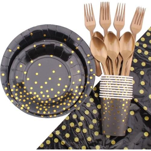 51Pc/Set Black Polka Dot Hot Stamping Theme Disposable Tableware Baby Shower Birthday Decoration Plate Cup Napkin Party Supplies
