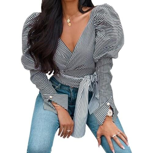 Fall/winter 2019 Bubble Sleeve Striped Shirt V-neck Jacket Womens Tops Puff Sleeve Blouse