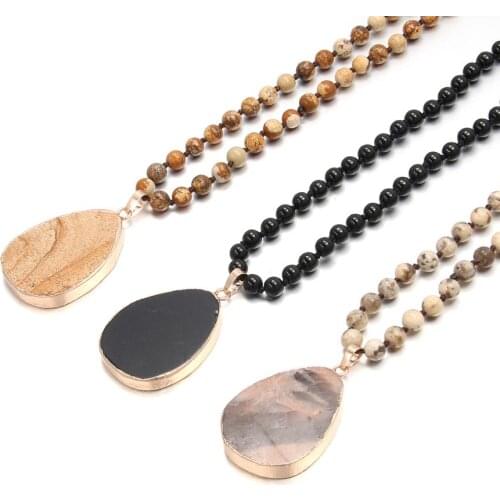 Natural Semi Precious Stone Necklace Classic Style Bead Chain 6mm 90cm Drop Shaped Pendant 32 * 47mm For Woman