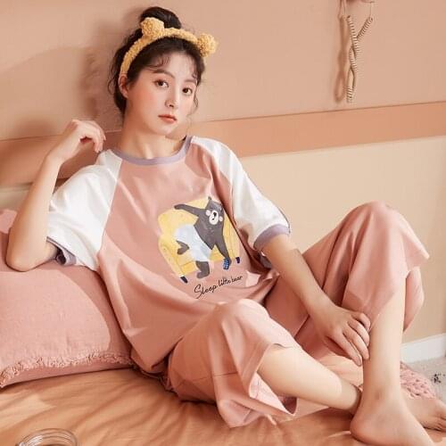 Summer Women Comfort Calf-Length Pants Loose Pajamas Set Cartoon Sleep Little Bears Printed Cute Girls Sleepwear Cotton Homewear