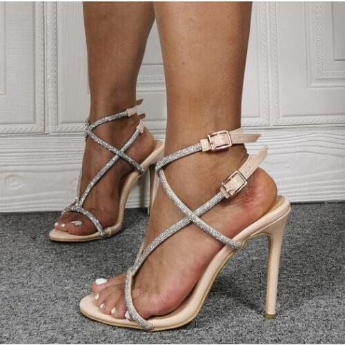 Drop Shipping Woman Fashion Crystal Diamond Bling Bling Sandals Stiletto Heels Narrow Cross Bands Buckles Strappy Sandals Shoes