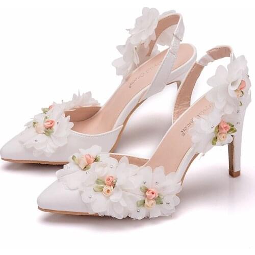 Crystal Queen Elegant Shoes Adults Sandals Wedding Bridal Shoes Pointed Toe 10CM High Heels Lace Flower Formal Dress Shoes
