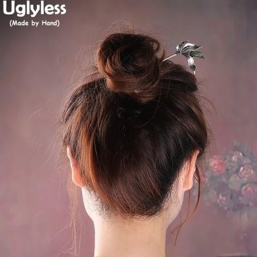 Uglyless Handmade Orchid Flower Hair Jewelry for Women 100% Genuine 925 Silver Hair Sticks Nature Jade Magnolia Eastern Hairpins