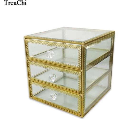 High End Gold Metal 3Layer Clear Glass Cosmetic Storage Display Box Wedding Engagement Jewelry Organizer Drawer Stand Rack