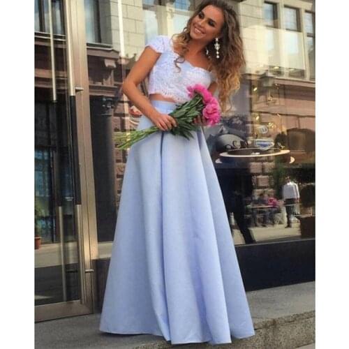 High Quality Two Piece Square Neck Cap Sleeves Light Blue Satin Prom Dress Lace Appliques Floor Length Evening Party Gown