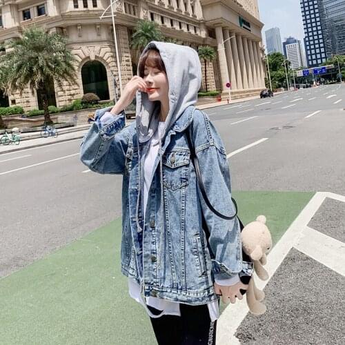 2021 New Korean Style Hooded Denim Jacket Autumn Women Loose Bf Mid- Length Free Shipping