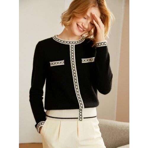 Sweater Women 100% Cashmere Knitted Spliced O Neck Long Sleeves 2 Colors High Quality Pullover Elegant Style Top New Fashion