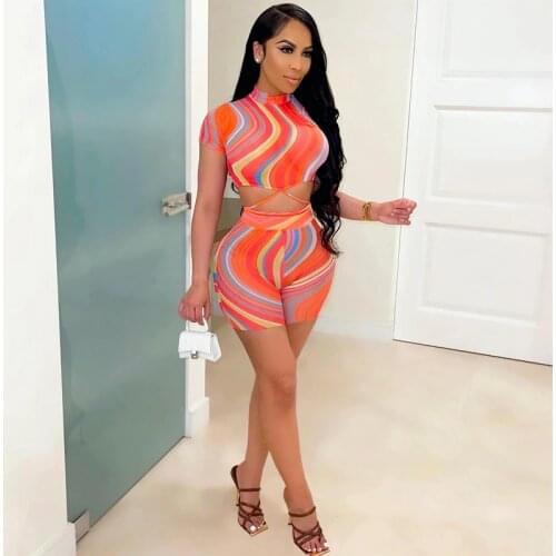 Summer Clothing Two Piece Set Women Print Bandage Short Crop Top+Shorts Sets Night Club Lounge Wear Streetwear Wholesale Items