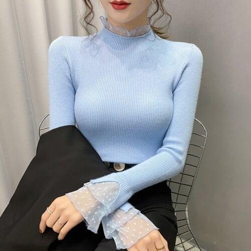 New 2021 Polka Dot Lace Long Sleeve Knitwear Women Half Turtleneck Pullover Sweaters Slim Bottom Knitted Tops Pull Femme