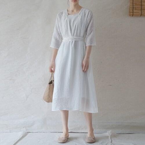 Johnature Women Vintage Embroidery Bandage Dresses Square Collar Half Sleeve Robes 2021 Summer New Tencel Casual A-line Dress