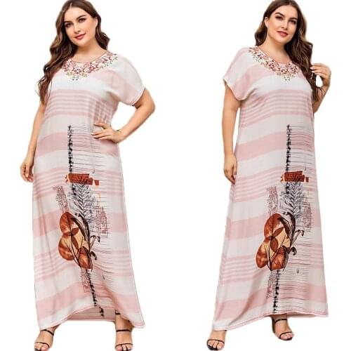Plus Size Muslim Women Casual Long Dress O-neck Embroidery Short Sleeve Printed Loose Robe Islamic Kaftan Gown Middle East Dubai