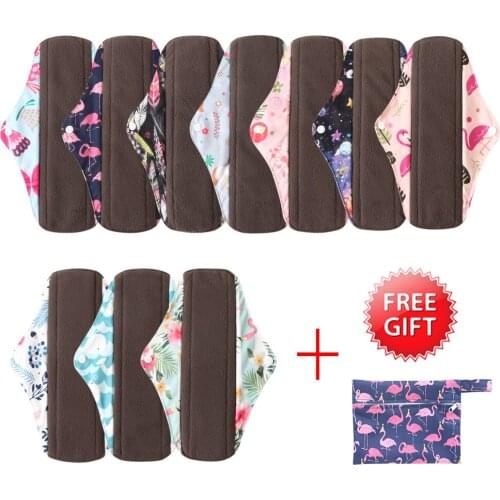 10PCS(3S+4M+3L)Reusable Bamboo Charcoal Pads Sanitary Menstrual Pads Washable Panty Liner Feminine Hygiene Maternity with a Bag