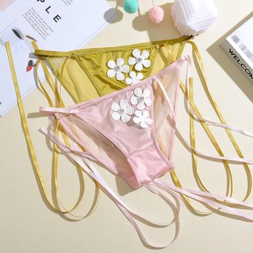 2Pcs Panties For Woman Underwear Sexy Lace Mesh Lace-up Bow Knot Lingerie Female Briefs Transparent Underpants