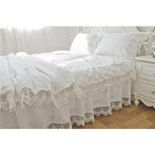 4Pieces Chic Lace edge Duvet Cover Bedskirt Set 100%Cotton Soft Bright White Twin Queen King Size Princess Girls Bedding set