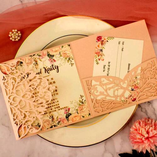 50pcs Blush Pink Navy Blue Wedding Invitation Cards Marriage Laser Cut Invitations Customize With Envelopes RSVP Birthday Party