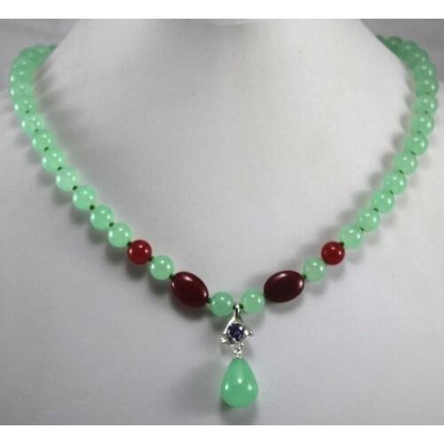 Free Shipping beautiful wholesale/retail 8mm light green and red Jade necklace +14 mm green pendant