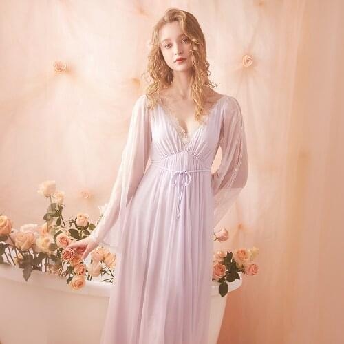 Free Shipping 2020 New Spring Rose Tree Nightdress Womens Long Nightgown Lace Sleepwear Soft Modal Purple and White Nightshirt