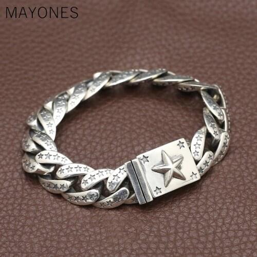 15mm Width Real 925 Sterling Silver Lucky Star Bracelet For Men Women Vintage Punk Rock Link Chain&Bracelets Thai Silver Jewelry