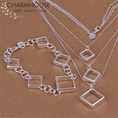 Charmhouse Silver 925 Jewelry Sets For Women 3 Layer Square Pendant Necklace Bracelet 2 pcs Set Costume Jewelry Accessories