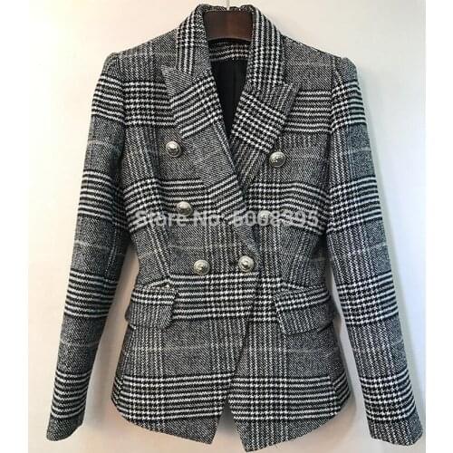 [ElfStyle] - TOP QUALITY Black White grey Houndstooth Plaid Blazer Double Breasted Silver Button up Patch Pockets Peaked Collar