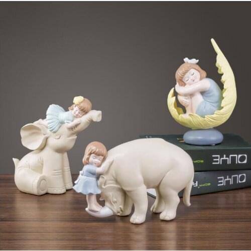 European Cute Girl Resin Statue Elephant Rabbit Ornament Home Livingroom Desk Figurines Crafts Coffee Table Sculpture Decoration