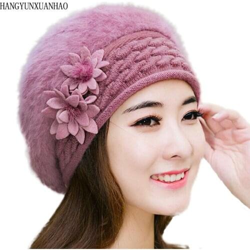 HANGYUNXUANHAO Female Elegance Rabbit Fur Knitted Berets Fashion Flower Winter Women Hat Thick Warm Knit Hat Ladies Female Cap