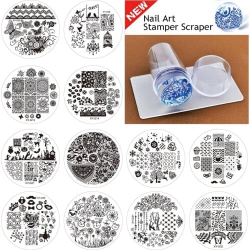 Kimcci 10pcs Nail Art Stamping Plates + 1 Set Pure Clear Silicone Nail Art Stamper+Plastic Scrape Nail art Stencil Templates