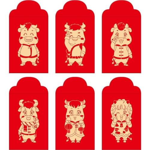 6Pcs/set 2021 Ox Year Chinese Red Envelope Thicken Cartoon Personality Eve Lucky Money Bag Creative Hongbao New Year Gift Hot