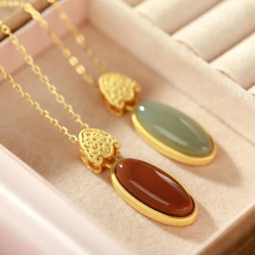 S925 Sterling Silver Inlaid Natural South Red Gray Jade Pendant Geometric Retro Personality All Match Ladies Clavicle Chain Pend