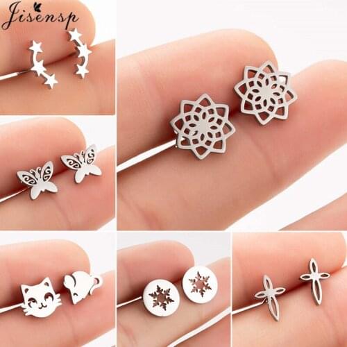 Multiple Stainless Steel Snowflake Stud Earrings for Women Vintage Mandala Butterfly Cat Mouse Earings Korean Jewelry Oorbellen