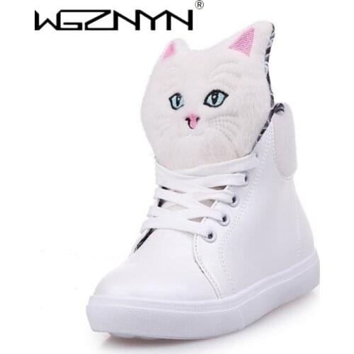 WGZNYN Fashion Women Flat Casual Shoes Woman Autumn Winter High-Top Sneakers Female Cute Cartoon Cat Lace-up Vulcanized Shoes